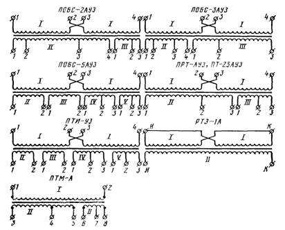 Схемы обмоток путевых и релейных трансформаторов